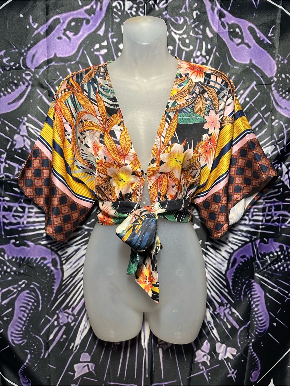 Tropical Floral Tie-Front Crop Top - Black, Yellow & Brown